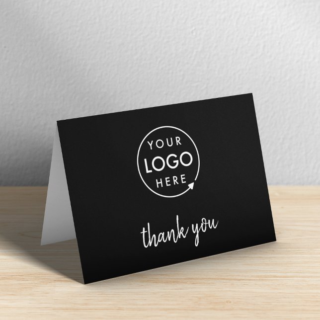 Business Thank You Card | Professional Logo Black (A stylish sleek black horizontal folded logo thank you card perfect for small business appreciation)