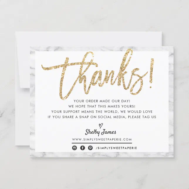 BUSINESS THANK YOU chic marble gold glitter script | Zazzle