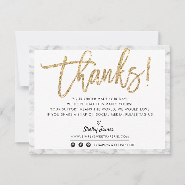 BUSINESS THANK YOU chic marble gold glitter script Card (Front)