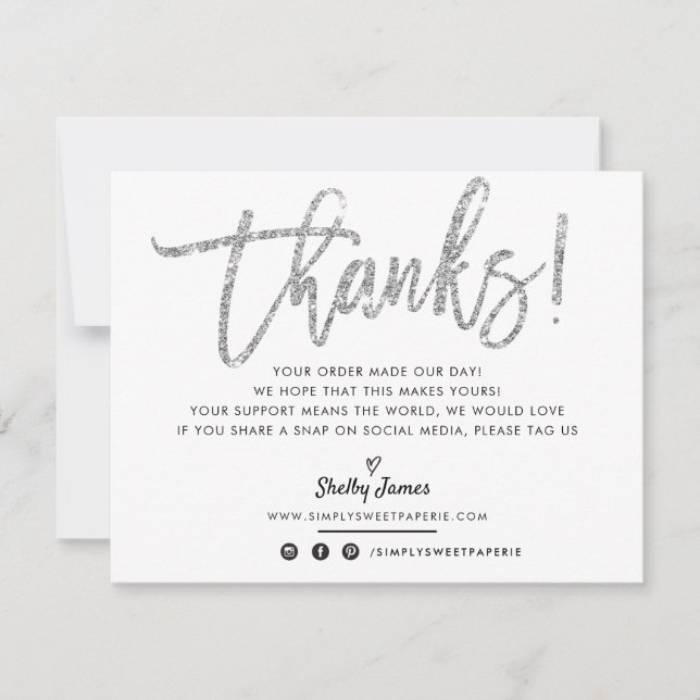 BUSINESS THANK YOU chic silver glitter script Card (Front)
