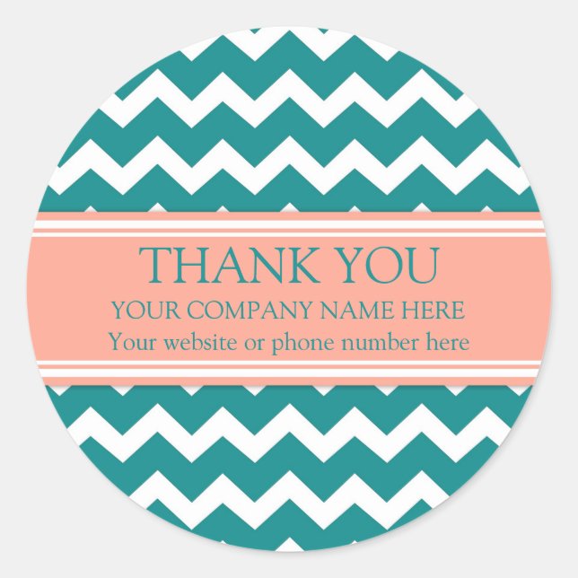 Business Thank You Company Name Coral Teal Chevron Classic Round Sticker (Front)