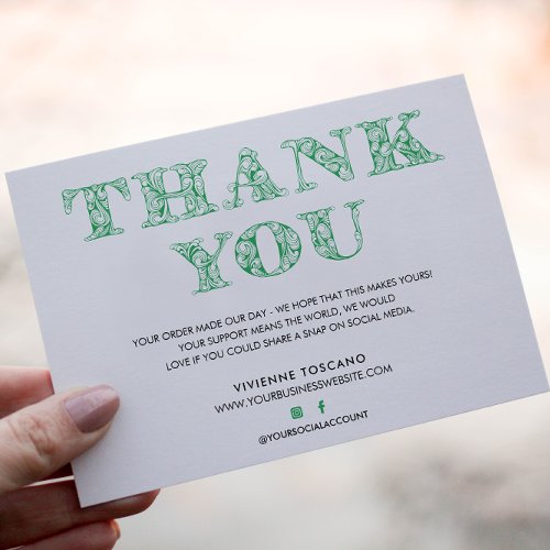 BUSINESS THANK YOU ELEGANT GREEN SWIRL LOGO ENCLOSURE CARD