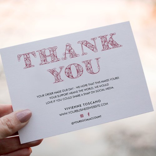 BUSINESS THANK YOU ELEGANT PINK SWIRL LOGO  ENCLOSURE CARD