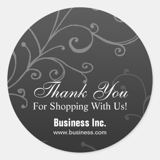 Business Thank You Elegant Swirl Black Classic Round Sticker (Front)