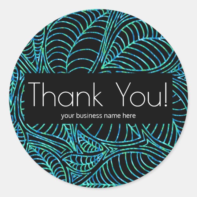 Business Thank You Leafy Botanical Blue Black Classic Round Sticker (Front)