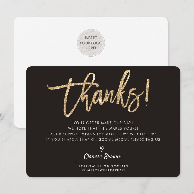 BUSINESS THANK YOU modern chic gold glitter black Card (Front/Back)