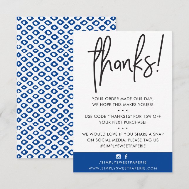 BUSINESS THANK YOU modern customer royal blue ikat Card (Front/Back)