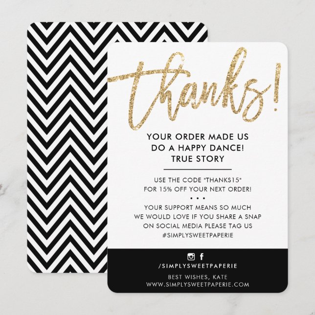 BUSINESS THANK YOU modern cute gold glitter black Card (Front/Back)