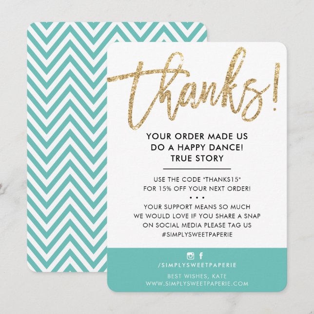 BUSINESS THANK YOU modern cute gold glitter mint (Front/Back)