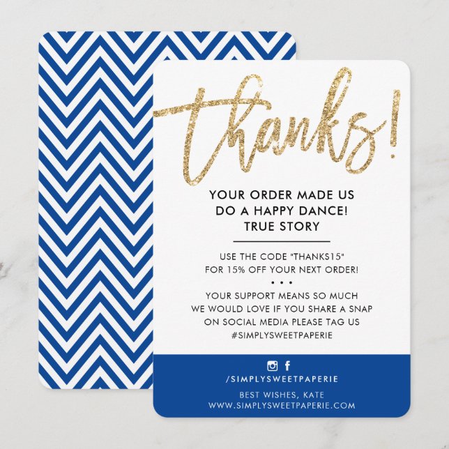 BUSINESS THANK YOU modern cute gold glitter royal (Front/Back)