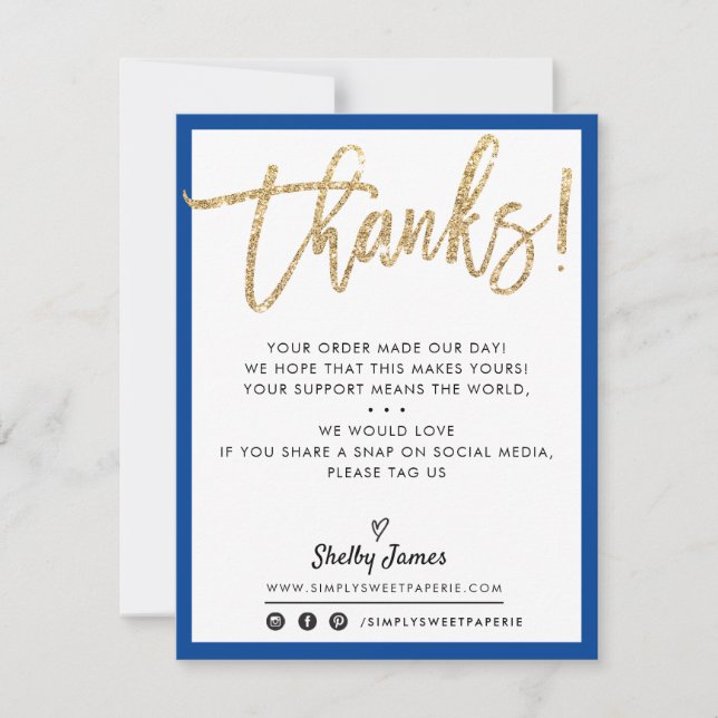 BUSINESS THANK YOU modern gold glitter ROYAL BLUE Card (Front)