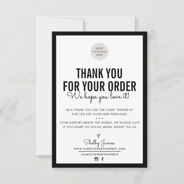 BUSINESS THANK YOU modern order insert plain black Card (Front)