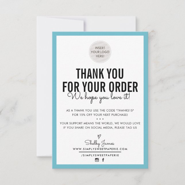 BUSINESS THANK YOU modern order insert turquoise Card (Front)