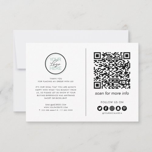 Business Thank You Note QR Code - Business thank you note on a flat invitation card is a simple way to thank clients and customers. The card features your business logo, company contact details, social media accounts, QR Code, and a personalized thank you message.