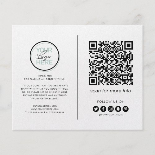 Business Thank You Note QR Code Flyer - Business thank you flyer purchase insert is a simple way to thank clients and customers who have placed an order. The flyer features your business logo, company contact details, social media accounts, QR Code, and a personalized thank you message.