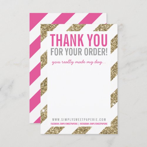 BUSINESS THANK YOU NOTE stripe gold glitter pink Invitation