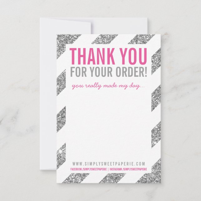 BUSINESS THANK YOU NOTE stripe silver glitter pink (Front)