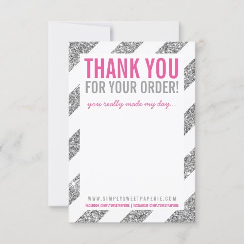BUSINESS THANK YOU NOTE stripe silver glitter pink