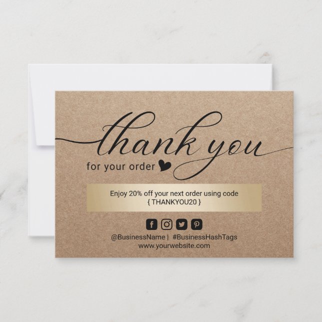 Business Thank You Rustic Kraft Minimalist Script Card (Front)