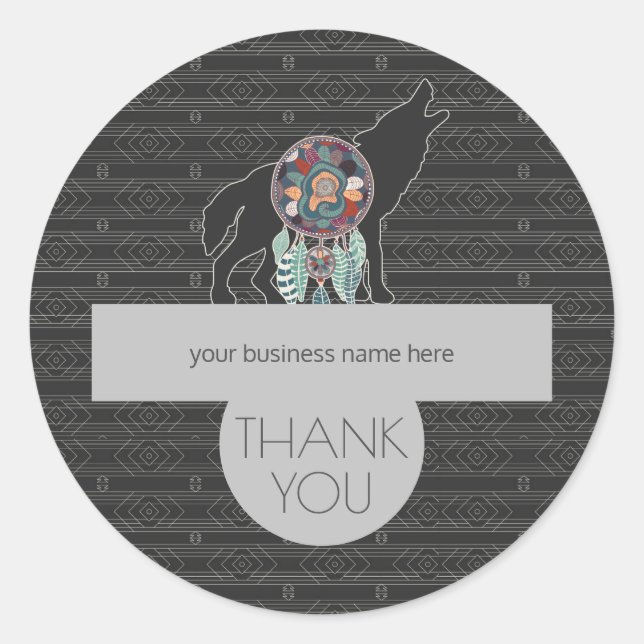Business Thank You Tribal Wolf Charcoal Gray Classic Round Sticker (Front)