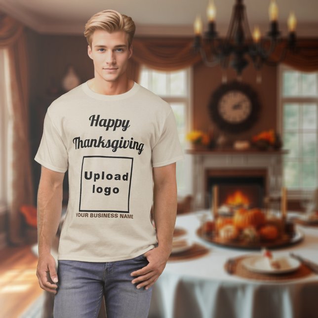 Business Thanksgiving Greeting on Sand Color T-Shirt (Thanksgiving greeting, business name and logo on sand color t-shirt)