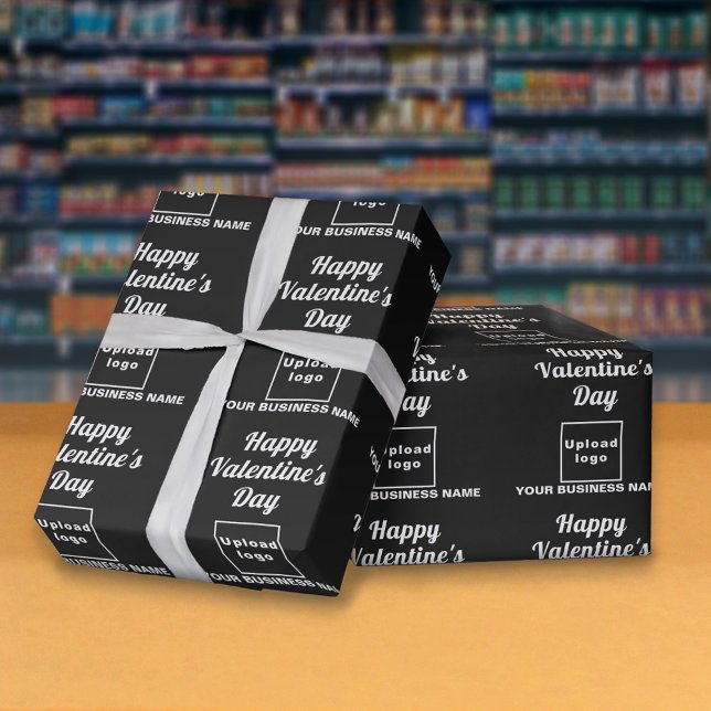 Business Valentine Black Wrapping Paper (Business name and logo with Happy Valentine's Day greeting on black wrapping paper in store.)