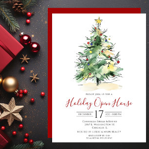 Business Watercolor Christmas Tree Open House Invitation