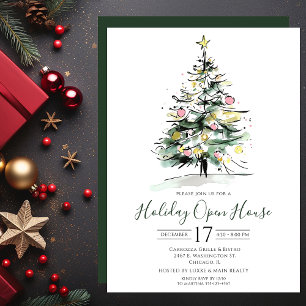 Business Watercolor Christmas Tree Open House Invitation