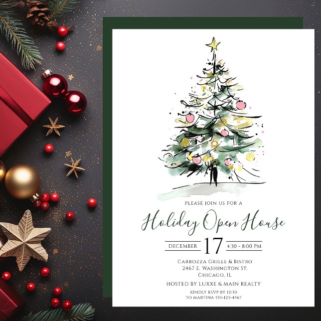 Business Watercolor Christmas Tree Open House Invitation (Creator Uploaded)
