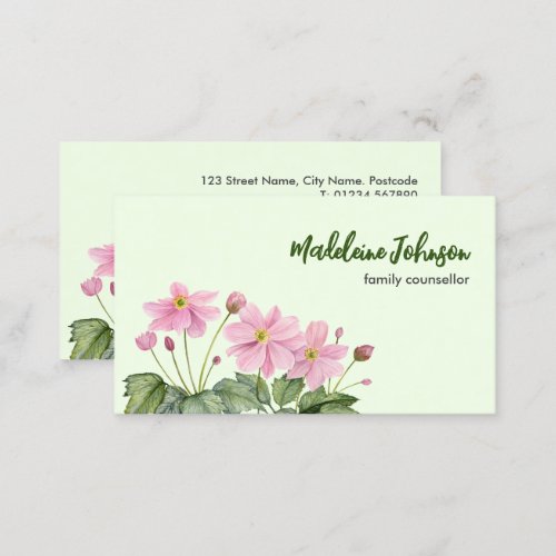 Business Watercolor Gentle Pink Japanese Anemone Business Card