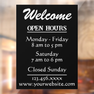 Business Welcome and Open Hours Website Window Cling