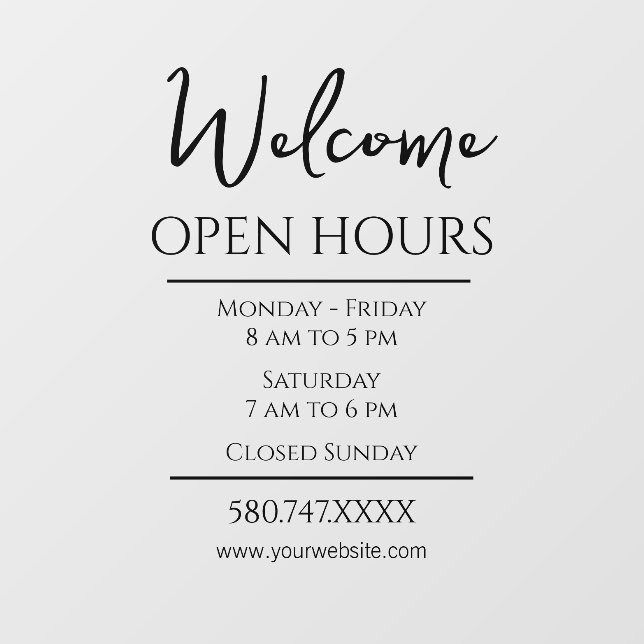 Business Welcome and Open Hours Website Window Window Cling (Sheet)
