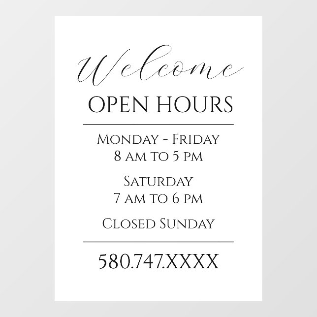 Business Welcome Open Hours Black and White  Window Cling (Sheet)
