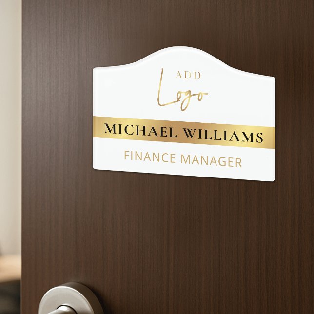 Business White & Gold Logo Nameplate Plaque Door Sign (Elegant white and gold effect logo, name and title office door sign)