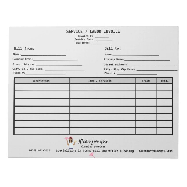 Business White Invoice Cleaning Company Notepad (Front)