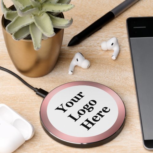 Business White  Pink Brushed Metal Look Your Logo Wireless Charger