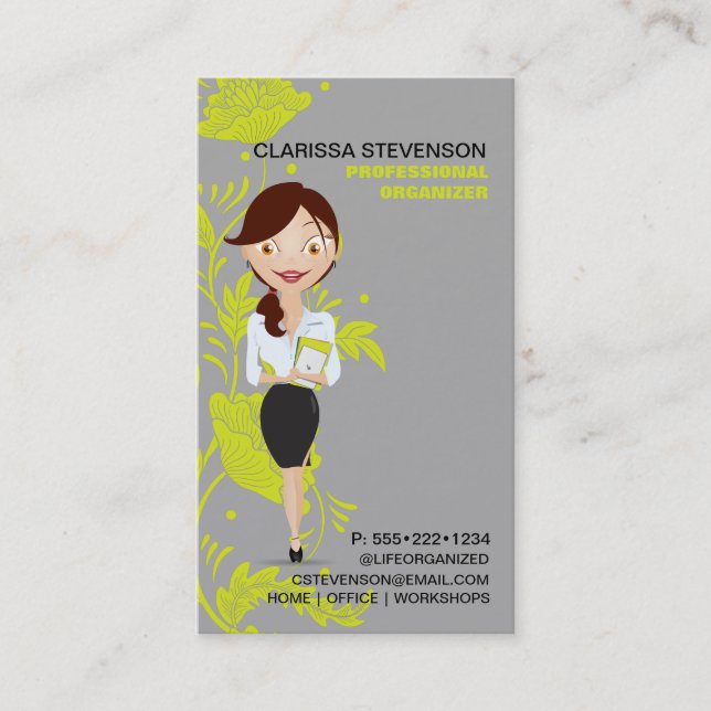Business Woman Character Logo Lime Green Floral Card (Front)