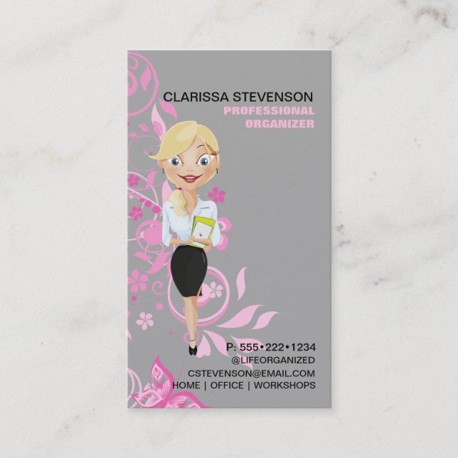 Business Woman Character Logo Pink Floral Card (Front)
