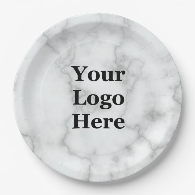 Business Your Logo Here Faux White Marble Paper Plates (Front)