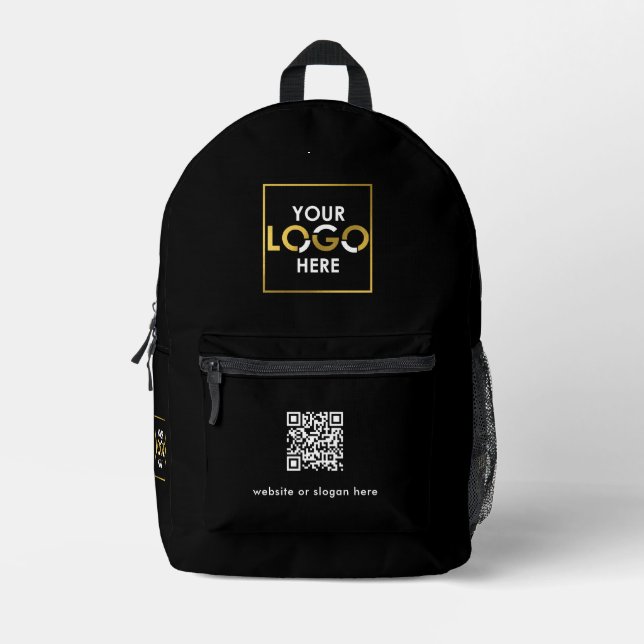 Business Your Logo QR Code Text Promotional Black Printed Backpack (Front)