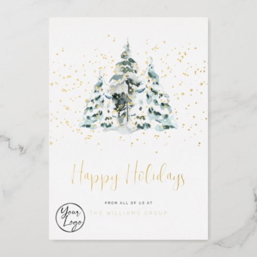 Business Your Logo Snowy Forest Foil Holiday Card