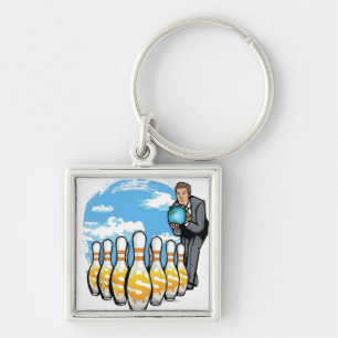 Businessman bowling a globe towards money pins keychain