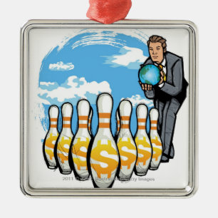 Businessman bowling a globe towards money pins metal ornament