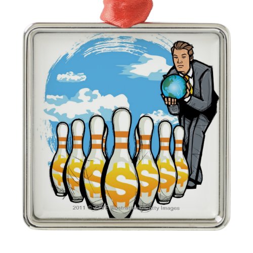 Businessman bowling a globe towards money pins metal ornament