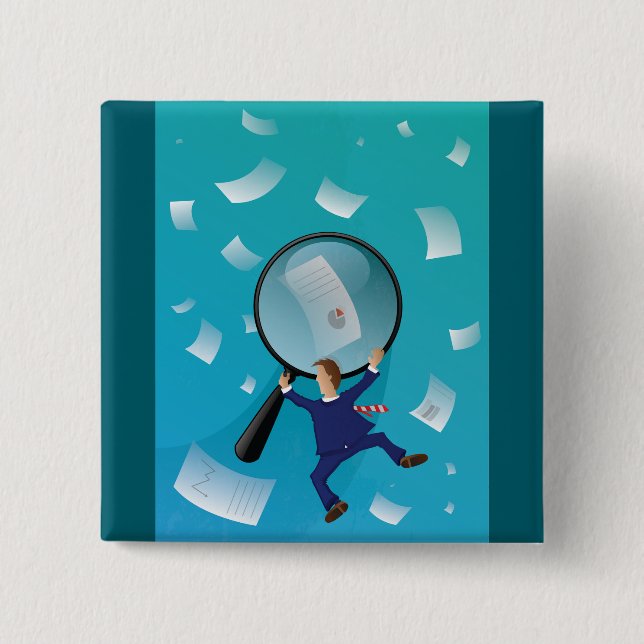 Businessman Giant Magnifying Glass Flying Papers Button (Front)
