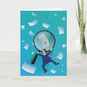 Businessman Giant Magnifying Glass Flying Papers Card