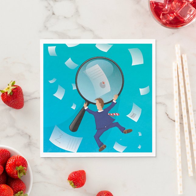 Businessman Giant Magnifying Glass Flying Papers Napkins (Creator Uploaded)