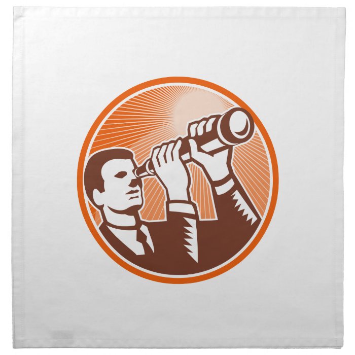 Businessman Holding Looking Telescope Woodcut Napkin