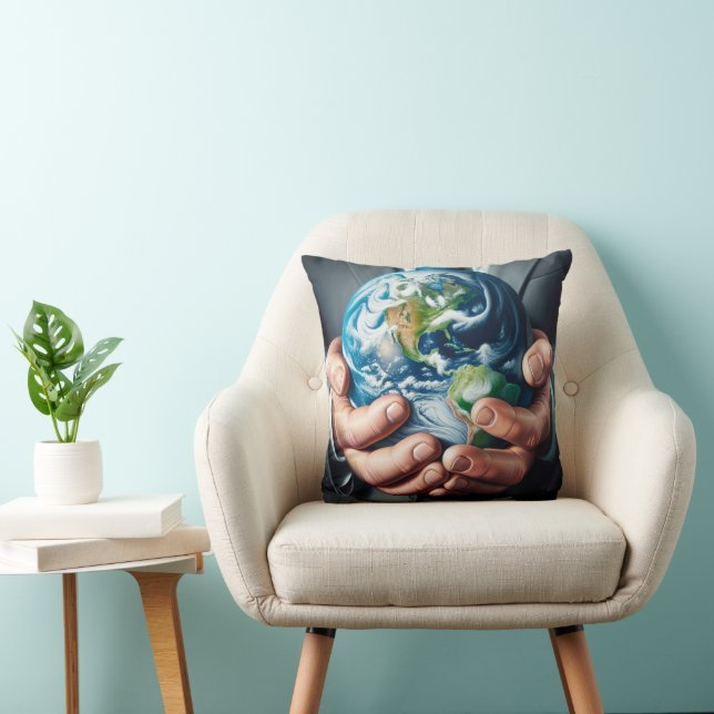 Businessman Holding Planet Earth Throw Pillow (Chair)