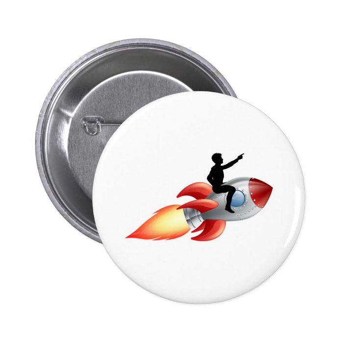 Businessman riding rocket ship pins